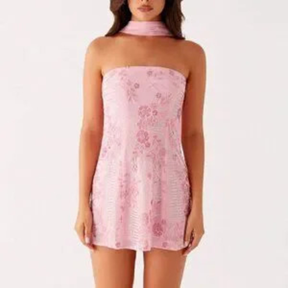 ZARA Pink Elegant Strapless Scarf sequin beaded Mini Dress